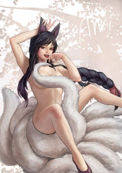 Rule 34 | 1girl, ahri (league of legends), animal ears, artist request, bad deviantart id, bad id, facial mark, fox ears, fox tail, league of legends, long hair, multiple tails, nude, tail, very long hair
