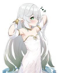 Rule 34 | 1girl, arms up, beamed eighth notes, blush, commentary request, cosplay, cross-shaped pupils, detached sleeves, dress, eighth note, elbow cutout, flat chest, genshin impact, green eyes, grey hair, hair between eyes, hair down, hair over one eye, highres, long hair, long sleeves, looking at viewer, mockingeu, musical note, nahida (genshin impact), pointy ears, rukkhadevata (genshin impact), rukkhadevata (genshin impact) (cosplay), sidelocks, simple background, smile, solo, symbol-shaped pupils, very long hair, white background, white dress