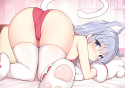 Rule 34 | 1girl, all fours, animal ear fluff, animal ears, animal hands, bare arms, bare shoulders, bed sheet, bikini, blue eyes, blue hair, blush, cat ears, cat paws, cat tail, from behind, gloves, gochuumon wa usagi desu ka?, hair between eyes, hair ornament, highres, kafuu chino, long hair, looking at viewer, parted lips, paw gloves, red bikini, solo, swimsuit, tail, thighhighs, watanon (gakushokutei), white thighhighs, x hair ornament