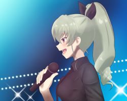 Rule 34 | 1girl, anchovy (girls und panzer), black necktie, black shirt, blouse, commentary, dress, drill hair, from side, girls und panzer, green hair, high ponytail, holding, holding microphone, iteza (flapper girl 25), long hair, long sleeves, looking to the side, loose necktie, microphone, necktie, open mouth, red eyes, shirt, single drill, smile, solo, spotlight, upper body