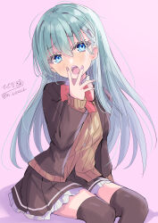 Rule 34 | 1girl, absurdres, aqua eyes, aqua hair, ascot, blazer, blush, breasts, brown cardigan, brown jacket, brown skirt, brown thighhighs, cardigan, commentary request, green eyes, green hair, hair between eyes, hair ornament, hairclip, highres, hizaka, jacket, kantai collection, large breasts, long hair, long sleeves, looking at viewer, open mouth, orange ascot, pink background, pleated skirt, school uniform, sexually suggestive, signature, sitting, skirt, smile, solo, suzuya (kancolle), suzuya kai ni (kancolle), thighhighs