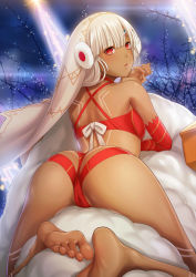 Rule 34 | 1girl, altera (fate), altera the santa (fate), arched back, ass, back, bare shoulders, barefoot, bikini, blush, bra, breasts, cameltoe, dark-skinned female, dark skin, detached sleeves, earmuffs, fake facial hair, fate/grand order, fate (series), feet, highres, looking at viewer, mittens, open mouth, parted lips, red bikini, red bra, red eyes, short hair, silver hair, soles, solo, swimsuit, thighs, toes, underwear, veil, white mittens, zaregoto tsukai no deshi