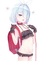 Rule 34 | 1girl, absurdres, arona (blue archive), backpack, bag, bikini, black bikini, black gloves, blue archive, blue eyes, blue hair, collar, eyes visible through hair, frilled bikini, frills, gloves, hair over one eye, hairband, heart, highres, leash, looking at viewer, navel, open mouth, randoseru, red collar, short hair, simple background, smile, solo, spoken heart, stomach, swimsuit, usamiusamimii, white background, white hairband