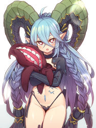 Rule 34 | 1girl, ahoge, blue hair, blush, braid, choker, command spell, cowboy shot, doll, fangs, fate/grand order, fate (series), groin, horns, lahmu (fate), legs together, long hair, mou tama maru, open mouth, pointy ears, pubic tattoo, red eyes, solo, standing, stomach tattoo, stuffed toy, symbol-shaped pupils, tattoo, tiamat (fate), twin braids, very long hair, x-shaped pupils