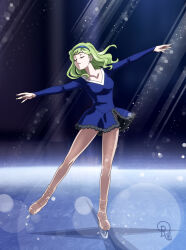 Rule 34 | 1girl, blue dress, blue hairband, breasts, commentary, commission, drachea rannak, dress, english commentary, figure skating, full body, green hair, hairband, highres, ice skates, light, medium breasts, original, outstretched arms, pantyhose, short dress, skates, solo, watermark