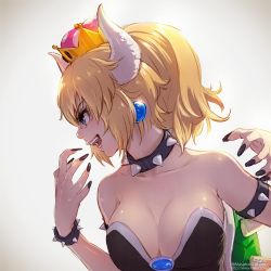 Rule 34 | 1girl, bare shoulders, blonde hair, blue eyes, bowsette, bracelet, collar, collarbone, commentary, crown, dress, earrings, jewelry, mario (series), nail polish, new super mario bros. u deluxe, nintendo, profile, short hair, solo, strapless, strapless dress, super crown, takami masahiro