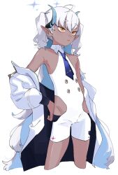 Rule 34 | 1girl, blue archive, blue hair, closed mouth, coat, cropped legs, dark-skinned female, dark skin, dress, flat chest, grey hair, halo, hand on own hip, highres, hip vent, horns, kawatiw, long hair, multicolored hair, open clothes, open coat, orange eyes, pointy ears, simple background, sleeveless, solo, sumomo (blue archive), two side up, very long hair, white background, white coat, white hair