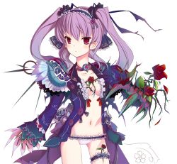 Rule 34 | 1girl, bad id, bad pixiv id, blood, blush, claws, dexp, fingernails, flower, hair ribbon, hairband, long fingernails, nail polish, open clothes, open shirt, original, panties, purple hair, red eyes, red flower, red rose, ribbon, rose, shirt, solo, thigh strap, thorns, twintails, unbuttoned, underwear