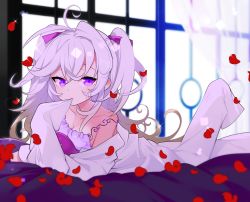 Rule 34 | 1girl, :/, breasts, cleavage, collarbone, curtains, light purple hair, long hair, looking at viewer, lying, marui shiro, on stomach, original, petals, pink eyes, small breasts, solo, sparkle, two side up, window