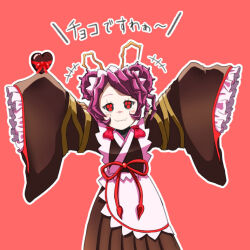 Rule 34 | +++, 1girl, antennae, apron, arthropod girl, bad id, bad pixiv id, blush stickers, brown kimono, candy, chocolate, chocolate heart, closed mouth, commentary, commentary request, double bun, entoma vasilissa zeta, extra pupils, fangs, food, hair bun, heart, japanese clothes, kagayaku namahamu, kimono, looking at viewer, maid, maid headdress, outline, outstretched arms, overlord (maruyama), partial commentary, purple hair, red background, red eyes, red ribbon, ribbon, short hair, simple background, skin fangs, sleeves past wrists, smile, solo, translated, valentine, white outline