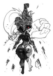 Rule 34 | 1girl, ass, bare back, demon girl, fang, floating, full body, helmet, highres, huge ass, legs, long hair, looking at viewer, looking back, midna, nintendo, nude, open mouth, pointy ears, red eyes, sketch, smile, soles, solo, spot color, the golden smurf, the legend of zelda, the legend of zelda: twilight princess, white background