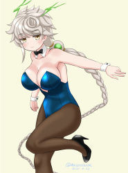 Rule 34 | 1girl, asymmetrical hair, black bow, black bowtie, black footwear, black pantyhose, blue leotard, bow, bowtie, braid, braided ponytail, breasts, brown eyes, cleavage, commentary request, cowboy shot, dated, detached collar, high heels, kantai collection, large breasts, leotard, long hair, masara (chuujou), pantyhose, playboy bunny, silver hair, simple background, single braid, solo, standing, standing on one leg, strapless, strapless leotard, twitter username, unryuu (kancolle), very long hair, white background, wrist cuffs