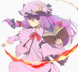 Rule 34 | 1girl, bad id, bad pixiv id, book, crescent, female focus, fire, hair ribbon, hat, long hair, patchouli knowledge, purple eyes, purple hair, ribbon, sil, solo, supershiruco, touhou