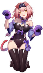 Rule 34 | 1girl, :d, absurdres, animal ears, animal hands, arknights, bare shoulders, black leotard, black thighhighs, breasts, brown eyes, cat ears, cat girl, cat tail, collarbone, commentary request, covered navel, detached sleeves, full body, gloves, goldenglow (arknights), heart, highres, kneeling, leotard, looking at viewer, medium breasts, no shoes, open mouth, paw gloves, pink hair, purple gloves, purple sleeves, short sleeves, simple background, smile, solo, strapless, strapless leotard, tail, thighhighs, vsa (xmj173178), white background