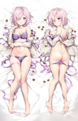 Rule 34 | 1girl, alternate costume, anmi, ass, bare legs, bare shoulders, barefoot, bed sheet, blush, bow, bow bra, bra, breasts, candy, censored, chocolate, chocolate heart, commentary request, dakimakura (medium), eyes visible through hair, fate/grand order, fate (series), food, frilled bra, frills, from above, full body, hair over one eye, heart, highres, light purple hair, looking at viewer, looking back, lying, mash kyrielight, multiple views, navel, off shoulder, on back, on stomach, open clothes, open mouth, panties, panty pull, plaid, plaid panties, purple bra, purple eyes, purple panties, ribbon, sample watermark, short hair, smile, underwear, watermark