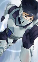 Rule 34 | 1boy, armor, black hair, blue eyes, boku no hero academia, commentary request, fengling (furin-jp), hand up, highres, iida tenya, male focus, mask, mouth mask, running, short hair, solo, superhero costume