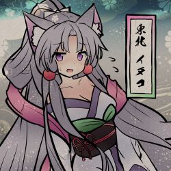 Rule 34 | 1girl, :3, :d, animal ear fluff, animal ears, bow, breasts, character name, cleavage, flying sweatdrops, grey hair, hair bow, highres, japanese clothes, kimono, long hair, looking at viewer, medium breasts, obi, off shoulder, open mouth, parted bangs, ponytail, purple eyes, ryogo, sash, smile, solo, touhoku itako, very long hair, voiceroid, white bow, white kimono