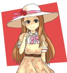 Rule 34 | 1girl, arm behind back, azumi kurocky, beige dress, belt, brown belt, brown hair, closed mouth, commentary request, facing viewer, finger to cheek, floral print, hand up, hat, idolmaster, idolmaster (classic), index finger raised, long hair, looking at viewer, minase iori, pink ribbon, puffy short sleeves, puffy sleeves, red eyes, ribbon, short sleeves, smile, solo, sun hat, upper body, white hat