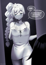 Rule 34 | 2girls, absurdres, bare shoulders, black hair, blue eyes, blush, braid, collarbone, doorway, hand on own chest, highres, long hair, looking at viewer, lulu-chan92, monochrome, multiple girls, nightgown, open mouth, ruby rose, rwby, scar, short hair, solo focus, speech bubble, standing, thighs, weiss schnee, white hair, yuri