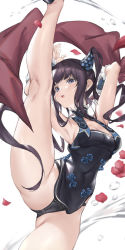 Rule 34 | 1girl, bare shoulders, black dress, blush, breasts, china dress, chinese clothes, cleavage, detached sleeves, dress, fate/grand order, fate (series), hair ornament, large breasts, leg lift, leg up, long hair, open mouth, parfaitlate, petals, purple hair, side slit, sidelocks, split, standing, standing on one leg, standing split, thighs, twintails, very long hair, yang guifei (fate), yang guifei (second ascension) (fate)