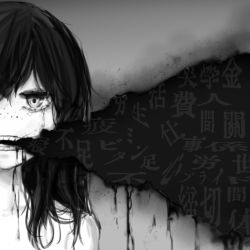 Rule 34 | 1girl, avogado6, crying, crying with eyes open, freckles, greyscale, long hair, monochrome, open mouth, original, simple background, solo, tears, teeth