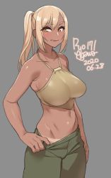 Rule 34 | 1girl, 2020, :q, agawa ryou, artist name, blonde hair, brown eyes, collarbone, commentary, dark skin, dark-skinned female, dated, green pants, grey background, long hair, navel, original, pants, ponytail, signature, simple background, solo, tan, tanline, tongue, tongue out