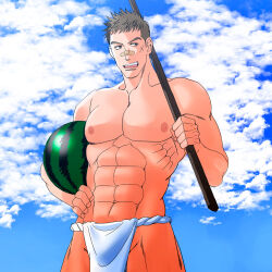 Rule 34 | 1boy, abs, bandaid, bandaid on face, bandaid on nose, bara, blue sky, brown hair, carrying, carrying under arm, cowboy shot, cross scar, facial scar, food, fruit, fundoshi, highres, holding, holding pole, japanese clothes, kawabuchi sentarou, looking to the side, male focus, male underwear, masanori, muscular, muscular male, navel, nipples, outdoors, pectorals, pole, sakamichi no apollon, scar, scar on cheek, scar on face, short hair, sky, smile, solo, underwear, underwear only, watermelon, white male underwear