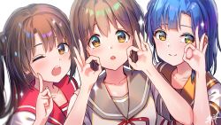 Rule 34 | 3girls, blue hair, brown eyes, brown hair, brown sailor collar, closed mouth, commentary request, girl sandwich, hagiwara yukiho, hair between eyes, hand up, hands up, idolmaster, idolmaster (classic), idolmaster million live!, kuri choko, long hair, multiple girls, nanao yuriko, neck ribbon, ok sign, one eye closed, one side up, open mouth, parted lips, red ribbon, red sailor collar, ribbon, sailor collar, sandwiched, shimamura uzuki, shirt, short sleeves, signature, simple background, smile, white background, white shirt