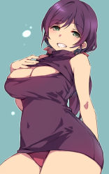 Rule 34 | 1girl, breasts, cleavage, covered navel, dress, duke (inu daimyou), green eyes, grin, hair ornament, hair scrunchie, hand on own chest, large breasts, long hair, looking at viewer, love live!, love live! school idol project, low twintails, meme attire, open-chest sweater, panties, pink scrunchie, purple hair, red panties, scrunchie, smile, solo, sweater, sweater dress, tojo nozomi, twintails, underwear