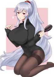 Rule 34 | 1girl, absurdres, azur lane, black sweater, breasts, comb, full body, graf zeppelin (azur lane), hair between eyes, hair ornament, heart, highres, huge breasts, long hair, looking at viewer, pantyhose, ponytail, red eyes, ribbed sweater, silver hair, solo, sweater, thighband pantyhose, very long hair, white hair, zukanosuke