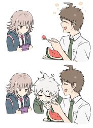 Rule 34 | 1girl, 2boys, ahoge, brown hair, collarbone, danganronpa (series), danganronpa 2: goodbye despair, eating, food, fruit, green jacket, grey hair, hair between eyes, handheld game console, highres, hinata hajime, holding, holding handheld game console, jacket, kmnm 1403, komaeda nagito, long sleeves, medium hair, messy hair, multiple boys, nanami chiaki, open clothes, open jacket, open mouth, playing games, shirt, short hair, simple background, watermelon, white background, white shirt