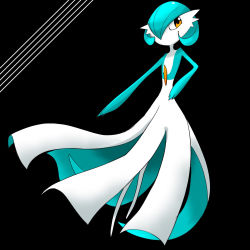 Rule 34 | 1girl, alternate color, black background, blue hair, blue skin, bob cut, colored skin, creatures (company), female focus, flat chest, full body, game freak, gardevoir, gen 3 pokemon, hair over one eye, hand on own hip, highres, looking to the side, multicolored skin, nintendo, no mouth, one eye covered, orange eyes, outstretched arm, pokemon, pokemon (creature), rve, shiny pokemon, short hair, simple background, solo, standing, two-tone skin, white skin
