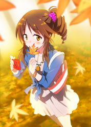 Rule 34 | 1girl, autumn leaves, bad id, bad pixiv id, blurry, blush, bracelet, brown eyes, brown hair, camera, depth of field, drill hair, gotyou, hair ornament, holding, idolmaster, jewelry, leaf, looking at viewer, necklace, open mouth, school uniform, shimamura uzuki, sidelocks, solo, striped, takamori aiko