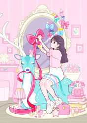 Rule 34 | 1girl, alarm clock, antlers, aqua ribbon, black hair, blue bow, blue ribbon, book, book stack, bow, clock, cup, deer, earrings, food, hair ornament, hairclip, highres, horns, ice cream, indoors, jewelry, long hair, mirror, original, phone, pink bow, pink ribbon, pink shirt, pink theme, plaid neckwear, plate, purple bow, ribbon, shirt, shirt tucked in, shoes, short sleeves, sitting, skirt, socks, solo, table, white footwear, white skirt, white socks, yellow neckwear, yoshimon
