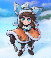 Rule 34 | 1girl, :o, blush, brown capelet, brown footwear, brown gloves, brown hair, capelet, flute, full body, fur-trimmed capelet, fur trim, genderswap, genderswap (mtf), gloves, green eyes, green hood, holding, holding instrument, instrument, league of legends, nunu (league of legends), outdoors, phantom ix row, snow, snowing, solo, standing, tree