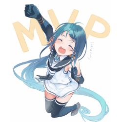 Rule 34 | 10s, 1girl, absurdly long hair, arm up, bare shoulders, blue hair, elbow gloves, closed eyes, full body, gloves, kantai collection, long hair, samidare (kancolle), skirt, solo, thighhighs, translation request, u jie, very long hair