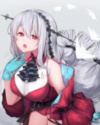 Rule 34 | 1girl, absurdres, angelfish, arknights, ascot, bare shoulders, black ascot, blue gloves, breasts, detached sleeves, dress, fish, gloves, grey background, grey hair, hair ornament, highres, large breasts, long hair, long sleeves, looking up, low-tied long hair, open mouth, red dress, red eyes, rikuguma, short dress, simple background, skadi (arknights), skadi the corrupting heart (arknights), skindentation, solo, thigh strap, tropical fish, very long hair, wide sleeves