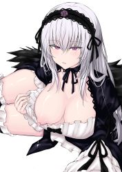 Rule 34 | 1girl, absurdres, arm support, bad id, bad pixiv id, black bow, black collar, black dress, black hairband, black ribbon, black wings, blush, bow, breasts, chin gero, cleavage, clothes pull, collar, collarbone, commentary request, cowboy shot, dress, dress bow, dress pull, frilled dress, frilled sleeves, frilled thighhighs, frills, gothic lolita, grey hair, hair between eyes, hairband, hand up, highres, juliet sleeves, lactation, large breasts, lolita fashion, lolita hairband, long hair, long sleeves, looking at viewer, lying, neck ribbon, nipples, on side, one breast out, parted lips, pink eyes, puffy nipples, puffy sleeves, pulled by self, ribbon, rozen maiden, sidelocks, simple background, solo, suigintou, thighhighs, white background, white thighhighs, wide sleeves, wings