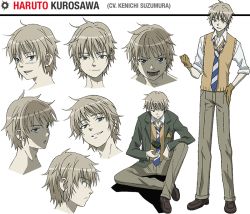 Rule 34 | 1boy, blue eyes, character name, character sheet, coppelion, explosive, full body, gloves, grenade, hand on own hip, kurosawa haruto, loafers, necktie, official art, pale skin, school uniform, shoes, silver hair, sleeves rolled up, striped necktie, striped neckwear, sweater vest, transparent background