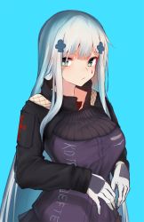 Rule 34 | 1girl, blue background, breasts, facial mark, girls&#039; frontline, gloves, green eyes, hair ornament, hk416 (girls&#039; frontline), inniyik, jacket, large breasts, long hair, long sleeves, looking at viewer, no headwear, silver hair, solo, straight hair