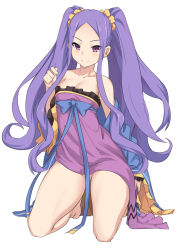 Rule 34 | 1girl, bare shoulders, barefoot, blush, bow, breasts, collarbone, convenient censoring, dress, fate/grand order, fate (series), forehead, gluteal fold, hair ornament, hair scrunchie, kneeling, long hair, looking at viewer, no panties, parted bangs, purple dress, purple eyes, purple hair, ribbon, scrunchie, shiseki hirame, simple background, small breasts, smile, solo, strapless, strapless dress, twintails, very long hair, white background, wu zetian (fate), wu zetian (first ascension) (fate)