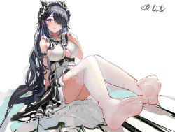 Rule 34 | 1girl, :3, absurdres, apron, august von parseval (azur lane), august von parseval (the conquered unhulde) (azur lane), azur lane, ban tang, between breasts, black horns, breasts, clothing cutout, cross-laced clothes, cross-laced dress, curled horns, foreshortening, full body, garter straps, hair over one eye, highres, horns, lace, lace-trimmed legwear, lace trim, long hair, maid headdress, mechanical horns, medium breasts, official alternate costume, one eye covered, simple background, sitting, solo, strap between breasts, thighhighs, two-tone dress, underboob cutout, very long hair, white apron, white background, white garter straps, white thighhighs