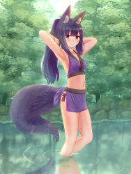 Rule 34 | 1girl, absurdres, animal ear fluff, animal ears, armpits, arms behind head, bare arms, bare shoulders, bikini, black hair, breasts, closed mouth, collarbone, commentary request, day, fox ears, fox girl, fox tail, hands up, highres, iroha (iroha matsurika), long hair, navel, original, outdoors, ponytail, purple bikini, ripples, shallow water, side-tie bikini bottom, small breasts, smile, solo, standing, swimsuit, tail, tree, very long hair, wading, water