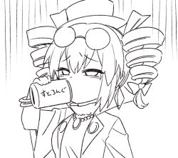Rule 34 | 1girl, bangle, bow, bracelet, can, coat, disgust, dress, drill hair, drinking, earrings, eyewear on head, hat, hat bow, high collar, jeno, jewelry, monochrome, necklace, pendant, ribbon, round eyewear, short hair, solo, sunglasses, top hat, touhou, translated, twin drills, yorigami jo&#039;on