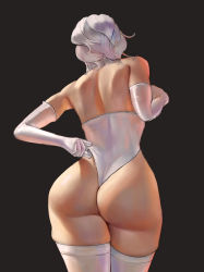 Rule 34 | 1girl, adjusting clothes, adjusting leotard, ass, ass focus, detached sleeves, elbow gloves, from behind, gloves, highleg, highleg leotard, ignite (artist), leotard, nier (series), nier:automata, simple background, solo, thick thighs, thighhighs, thighs, white gloves, white hair, white leotard, white sleeves, white thighhighs, 2b (nier:automata)