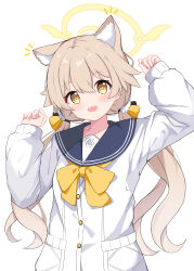 Rule 34 | 1girl, absurdres, animal ear fluff, animal ears, black sailor collar, blue archive, blush, buttons, cardigan, cat ears, extra ears, hair between eyes, halo, hifumi (blue archive), highres, light brown hair, long hair, long sleeves, looking at viewer, low twintails, open mouth, sailor collar, simple background, smile, solo, twintails, upper body, white background, white cardigan, yellow eyes, yellow halo, yoi0341