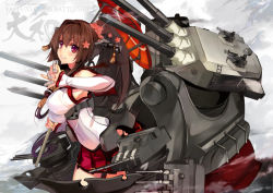 Rule 34 | 10s, 1girl, breasts, brown hair, cannon, character name, cowboy shot, detached sleeves, female focus, flower, gradient background, hair flower, hair ornament, hip vent, kantai collection, large breasts, long hair, machinery, mecha musume, miniskirt, oil-paper umbrella, ponytail, red eyes, shell, shell bikini, shirokitsune, skirt, smile, smoke, solo, umbrella, yamato (kancolle)