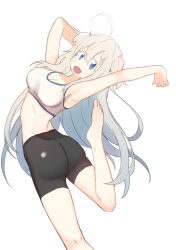 Rule 34 | 1girl, absurdres, ahoge, armpits, ass, barefoot, bike shorts, black shorts, blonde hair, blue eyes, blush, bural chingu, fang, feet, from behind, hair between eyes, highres, leg up, long hair, looking at viewer, looking back, luke (dydansgur), open mouth, park noah, shorts, simple background, skin fang, solo, sports bra, two side up, white background, white sports bra