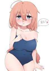 Rule 34 | 1girl, ahoge, arm support, blue eyes, blush, breasts, cleavage, collarbone, commentary, covered navel, cowboy shot, dirty, dirty face, dolochi0, grin, hair between eyes, hand on own chest, highres, invisible chair, large breasts, long hair, looking at viewer, michinoku komaro, orange hair, school swimsuit, seitokai nimo anawa aru!, simple background, sitting, smile, solo, speech bubble, strap slip, swimsuit, symbol-only commentary, translation request, twitter username, white background