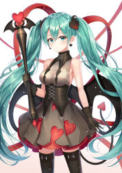 Rule 34 | 1girl, aqua hair, black gloves, black thighhighs, corset, cowboy shot, demon tail, demon wings, earrings, ekina (1217), forever 7th capital, gloves, green eyes, green hair, hair between eyes, hatsune miku, highres, jewelry, long hair, looking at viewer, scepter, skirt, solo, standing, tail, thighhighs, twintails, very long hair, vocaloid, white background, wings